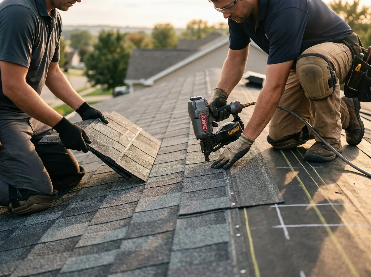 Professional roofer working on a residential roof in Hollister